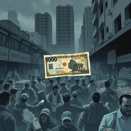 A crowded Argentine market during an economic crisis, filled with people frantically searching for basic products while struggling against inflation