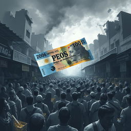 A crowded Argentine market during an economic crisis, filled with people frantically searching for basic products while struggling against inflation