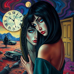 A beautiful, stunning girl with black hair and piercing blue eyes embodies a dangerous allure as she gazes into a mirror within a surreal, psychedelic landscape reminiscent of Salvador Dali