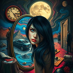 A beautiful, stunning girl with black hair and piercing blue eyes embodies a dangerous allure as she gazes into a mirror within a surreal, psychedelic landscape reminiscent of Salvador Dali