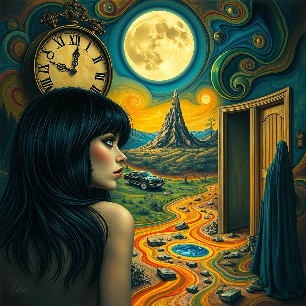 A beautiful, stunning girl with black hair and piercing blue eyes embodies a dangerous allure as she gazes into a mirror within a surreal, psychedelic landscape reminiscent of Salvador Dali