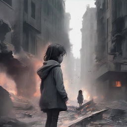 A high-quality digital art piece capturing a little girl amidst a city in chaos and destruction