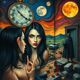 A beautiful, stunning girl with black hair and piercing blue eyes embodies a dangerous allure as she gazes into a mirror within a surreal, psychedelic landscape reminiscent of Salvador Dali