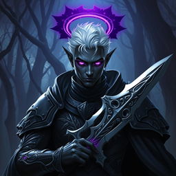 A male drow paladin portrayed in striking dark armor that is ornate and reflective of his noble status