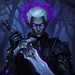 A male drow paladin portrayed in striking dark armor that is ornate and reflective of his noble status
