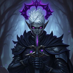 A male drow paladin portrayed in striking dark armor that is ornate and reflective of his noble status