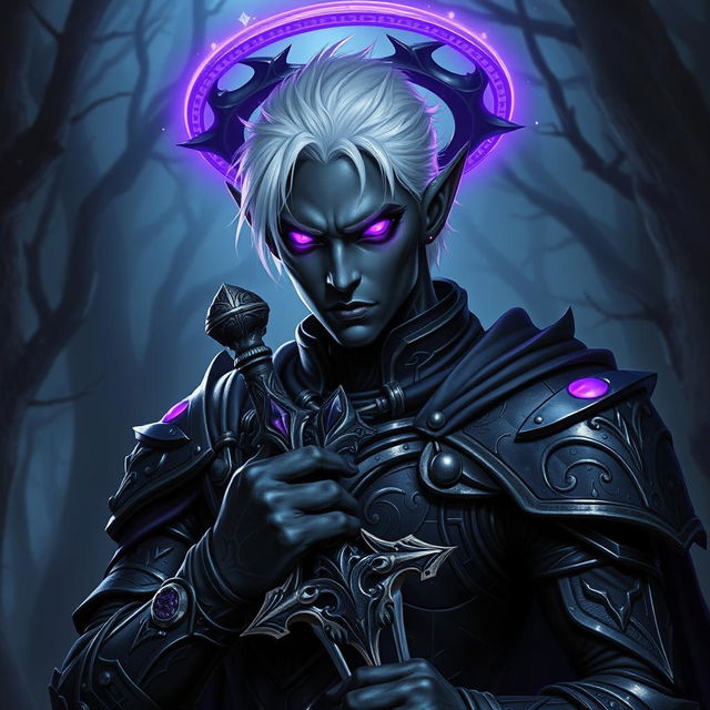 A male drow paladin portrayed in striking dark armor that is ornate and reflective of his noble status