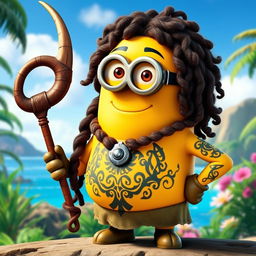 A Minion dressed as Maui from Disney's Moana, featuring long, curly hair that mimics Maui's iconic hairstyle