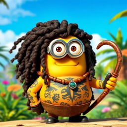 A Minion dressed as Maui from Disney's Moana, featuring long, curly hair that mimics Maui's iconic hairstyle