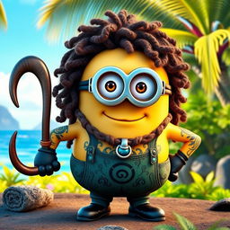 A Minion dressed as Maui from Disney's Moana, featuring long, curly hair that mimics Maui's iconic hairstyle