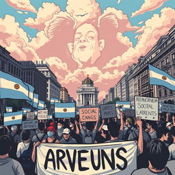 A protest in the streets of Buenos Aires, featuring people holding banners demanding political change