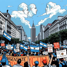 A protest in the streets of Buenos Aires, featuring people holding banners demanding political change