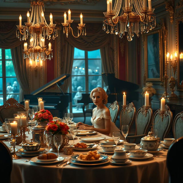 A narrative scene depicting a lavish dining room where a woman, styled as a glamorous and ambitious wife, is sitting at a beautifully set table filled with extravagant dishes and luxurious decorations