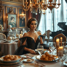 A narrative scene depicting a lavish dining room where a woman, styled as a glamorous and ambitious wife, is sitting at a beautifully set table filled with extravagant dishes and luxurious decorations