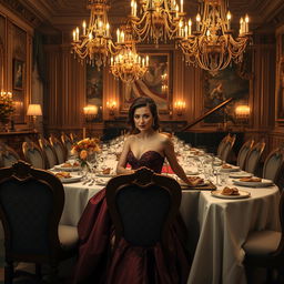 A narrative scene depicting a lavish dining room where a woman, styled as a glamorous and ambitious wife, is sitting at a beautifully set table filled with extravagant dishes and luxurious decorations