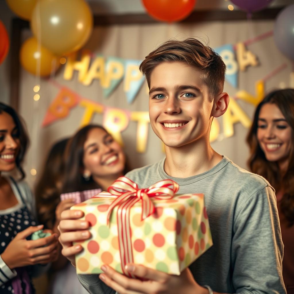 A heartwarming moment capturing the expression of a handsome teenage boy, celebrating his 18th birthday surprise as his friends present him with gifts