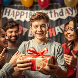 A heartwarming moment capturing the expression of a handsome teenage boy, celebrating his 18th birthday surprise as his friends present him with gifts