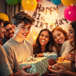 A heartwarming moment capturing the expression of a handsome teenage boy, celebrating his 18th birthday surprise as his friends present him with gifts