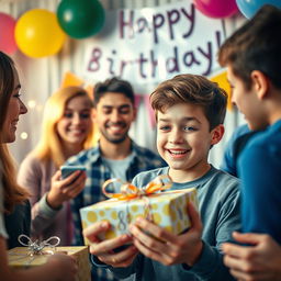 A heartwarming moment capturing the expression of a handsome teenage boy, celebrating his 18th birthday surprise as his friends present him with gifts