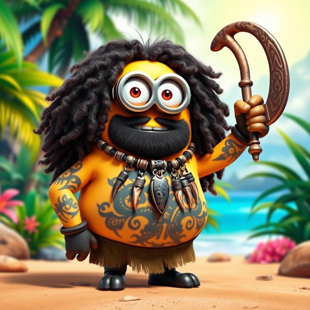 A Minion dressed as Maui from Disney's Moana, featuring long, curly hair that gives a vibrant, wild appearance