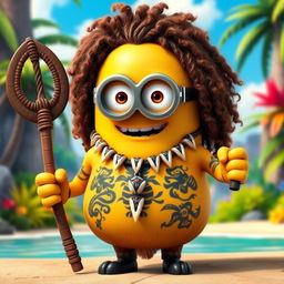 A Minion dressed as Maui from Disney's Moana, featuring long, curly hair that gives a vibrant, wild appearance