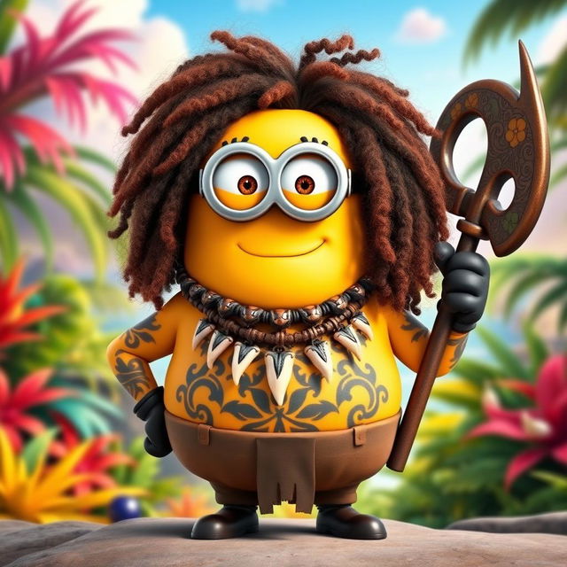 A Minion dressed as Maui from Disney's Moana, featuring long, curly hair that gives a vibrant, wild appearance