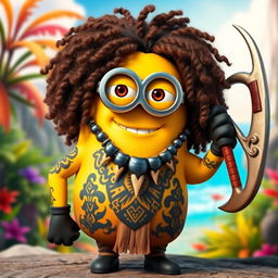 A Minion dressed as Maui from Disney's Moana, featuring long, curly hair that gives a vibrant, wild appearance