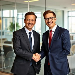 Two people in formal attire, smiling and shaking hands, in a bright and cheerful office setting