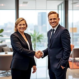 Two people in formal attire, smiling and shaking hands, in a bright and cheerful office setting