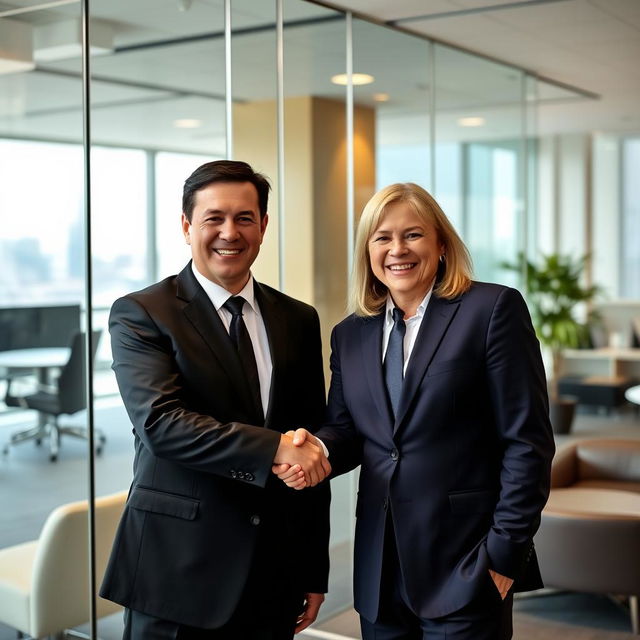 Two people in formal attire, smiling and shaking hands, in a bright and cheerful office setting