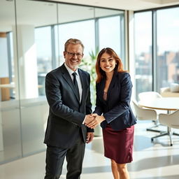 Two people in formal attire, smiling and shaking hands, in a bright and cheerful office setting