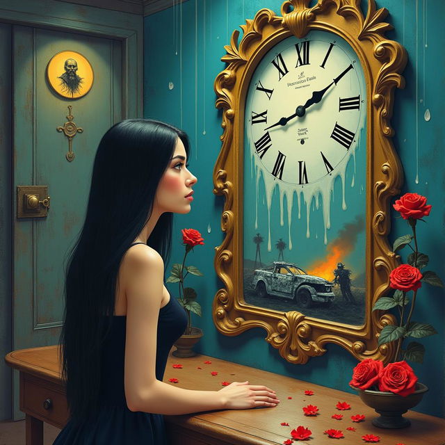 A beautiful and stunning girl with long black hair and striking blue eyes, standing in a dreamlike Salvador Dali-inspired world
