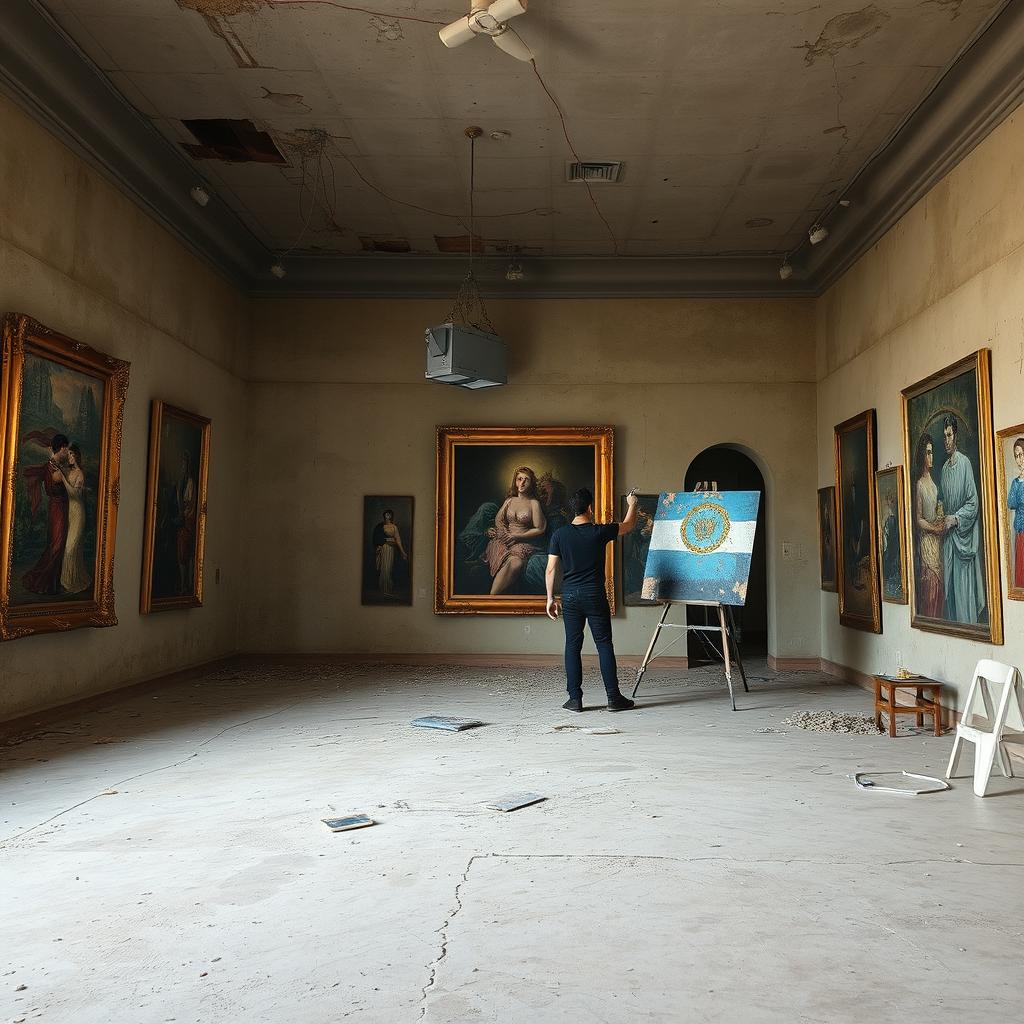 An empty cultural space featuring a ruined art gallery