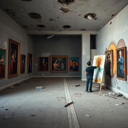 An empty cultural space featuring a ruined art gallery
