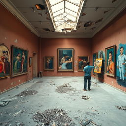 An empty cultural space featuring a ruined art gallery