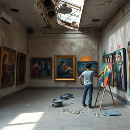 An empty cultural space featuring a ruined art gallery
