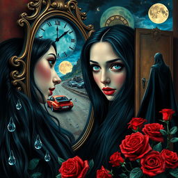 A beautiful and stunning girl with long, dangerous black hair and captivating blue eyes, immersed in a psychedelic Salvador Dali-inspired dreamlike world