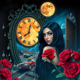 A beautiful and stunning girl with long, dangerous black hair and captivating blue eyes, immersed in a psychedelic Salvador Dali-inspired dreamlike world
