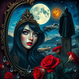 A beautiful and stunning girl with long, dangerous black hair and captivating blue eyes, immersed in a psychedelic Salvador Dali-inspired dreamlike world