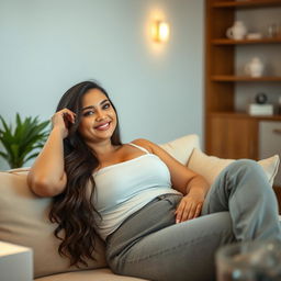 A beautiful curvy woman from Medan, radiating a relaxed and simple charm
