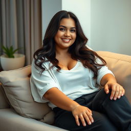 A beautiful curvy woman from Medan, radiating a relaxed and simple charm