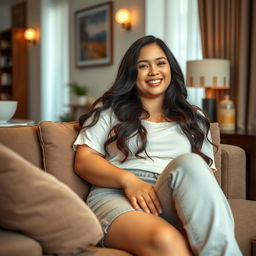 A beautiful curvy woman from Medan, radiating a relaxed and simple charm