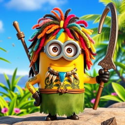 A vibrant Minion dressed as Maui from Disney's Moana, featuring long, colorful curly hair that adds a lively touch to the character