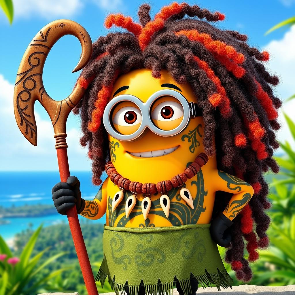 A vibrant Minion dressed as Maui from Disney's Moana, featuring long, colorful curly hair that adds a lively touch to the character