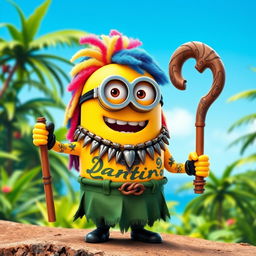 A vibrant Minion dressed as Maui from Disney's Moana, featuring long, colorful curly hair that adds a lively touch to the character
