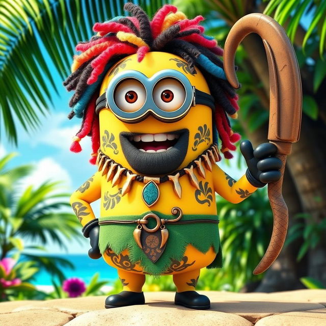 A vibrant Minion dressed as Maui from Disney's Moana, featuring long, colorful curly hair that adds a lively touch to the character