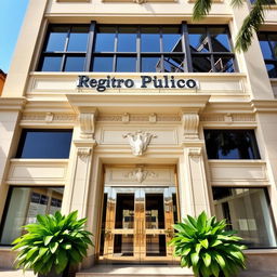 The facade of a three-story building featuring a prominent entrance, adorned with large glass doors and decorative elements