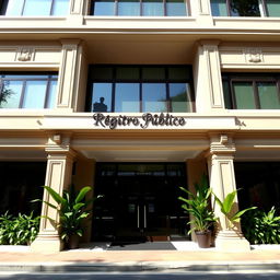 The facade of a three-story building featuring a prominent entrance, adorned with large glass doors and decorative elements