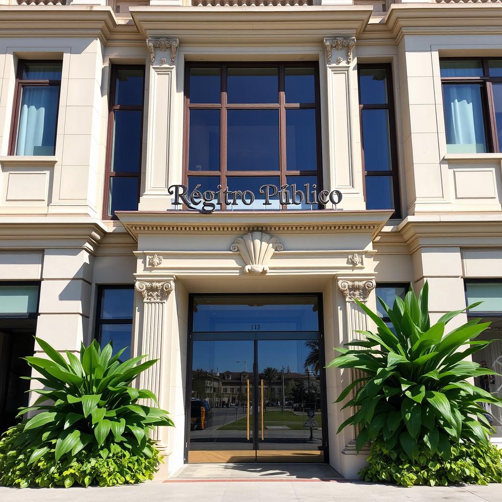 The facade of a three-story building featuring a prominent entrance, adorned with large glass doors and decorative elements