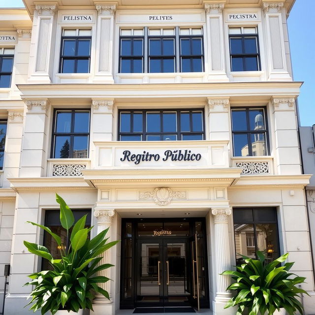 The facade of a three-story building featuring a prominent entrance, adorned with large glass doors and decorative elements